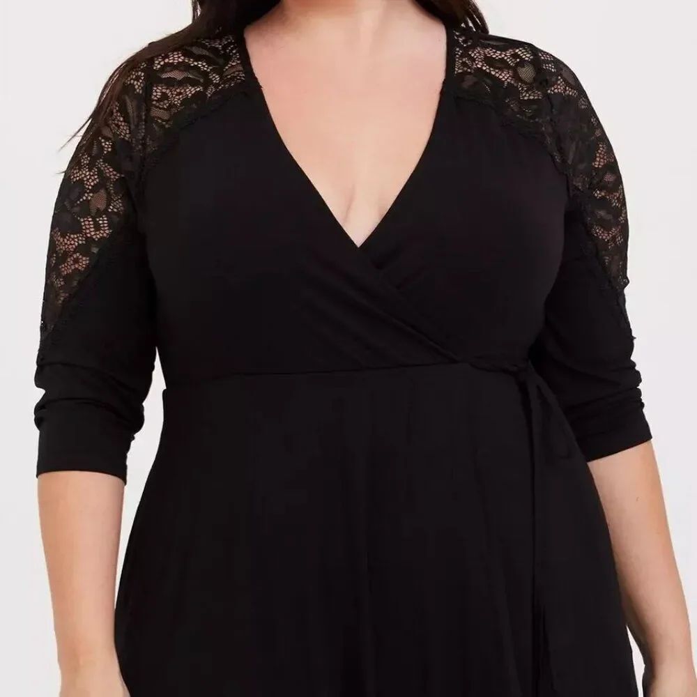 Torrid Black Jersey knit V-neck Lace inset faux wrap 3/4 sleeves dress, size 4